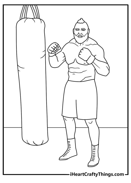 WWE coloring pages for kids with a wrestler training near punching bags