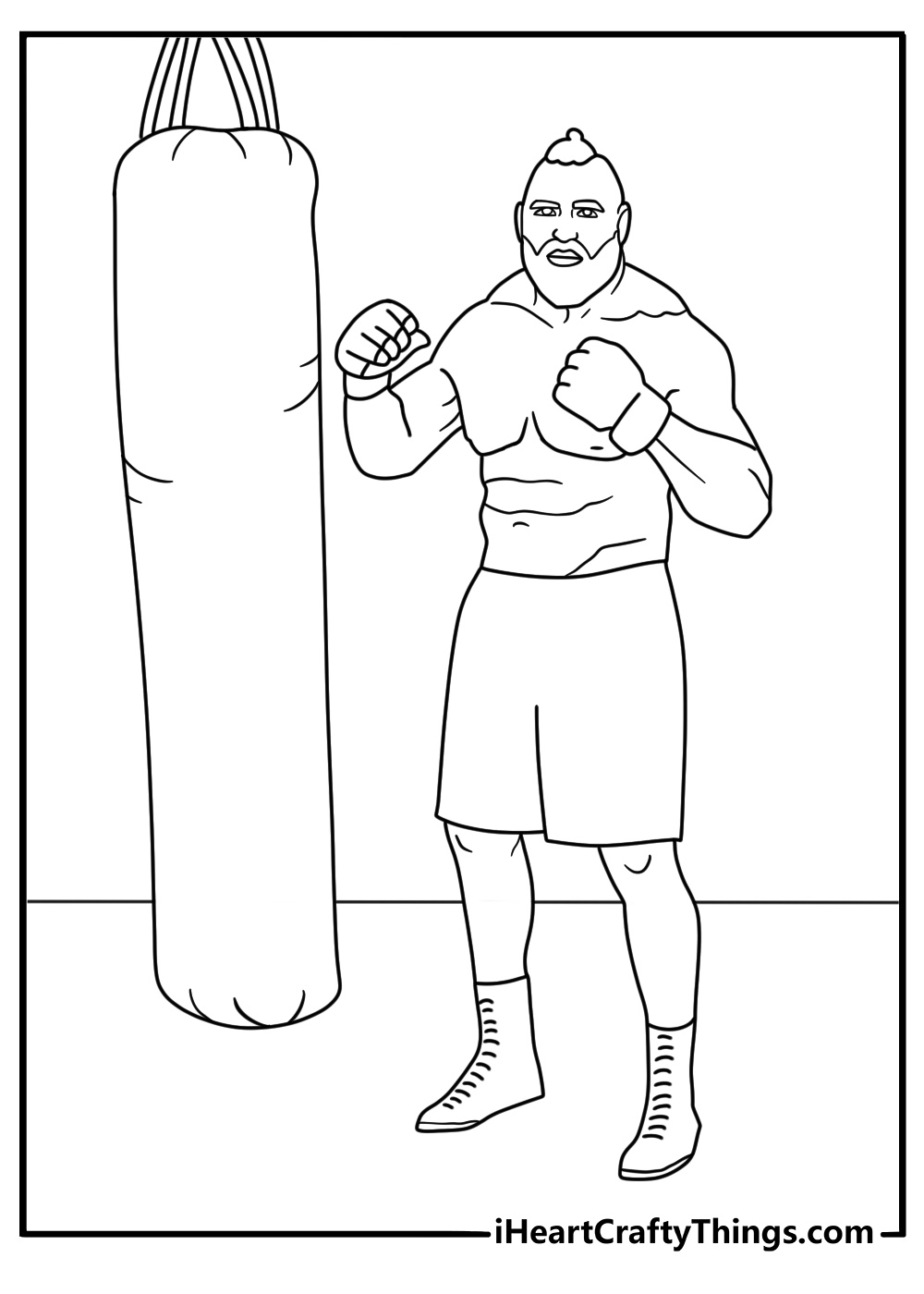 WWE coloring pages for kids with a wrestler training near punching bags