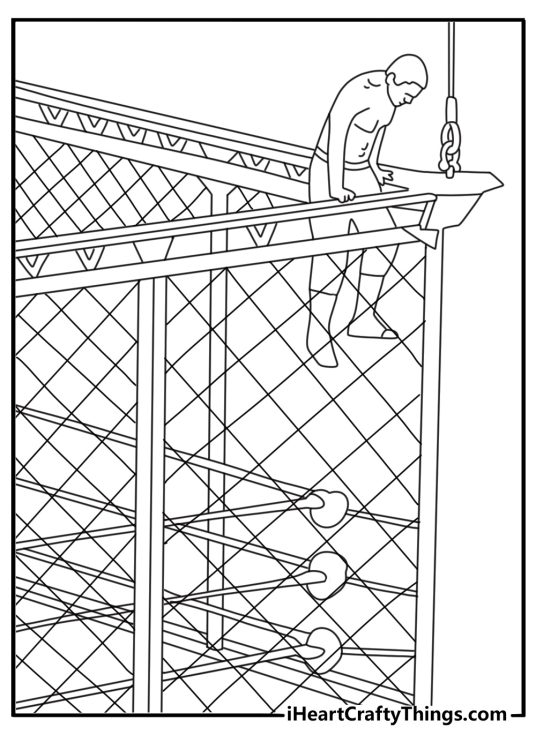 WWE coloring pages scene with a wrestler climbing into the ring