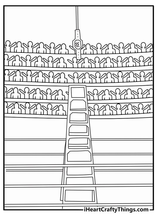 WWE coloring printable with a ladder match setup in the arena