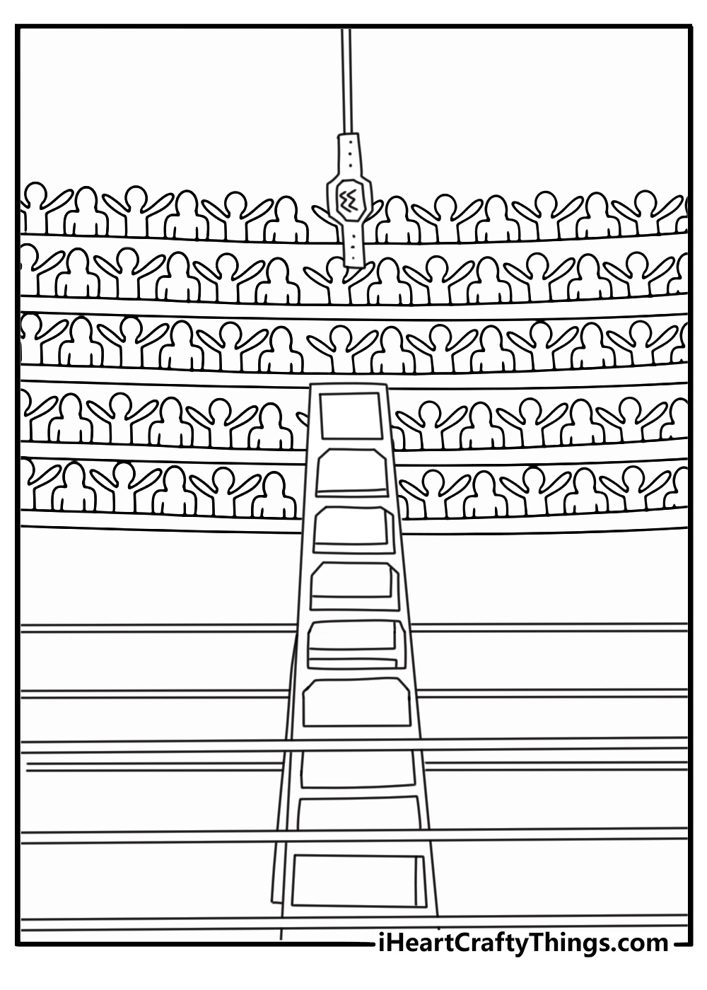 WWE coloring printable with a ladder match setup in the arena