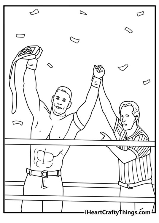 WWE coloring sheet with a referee raising a winners hand