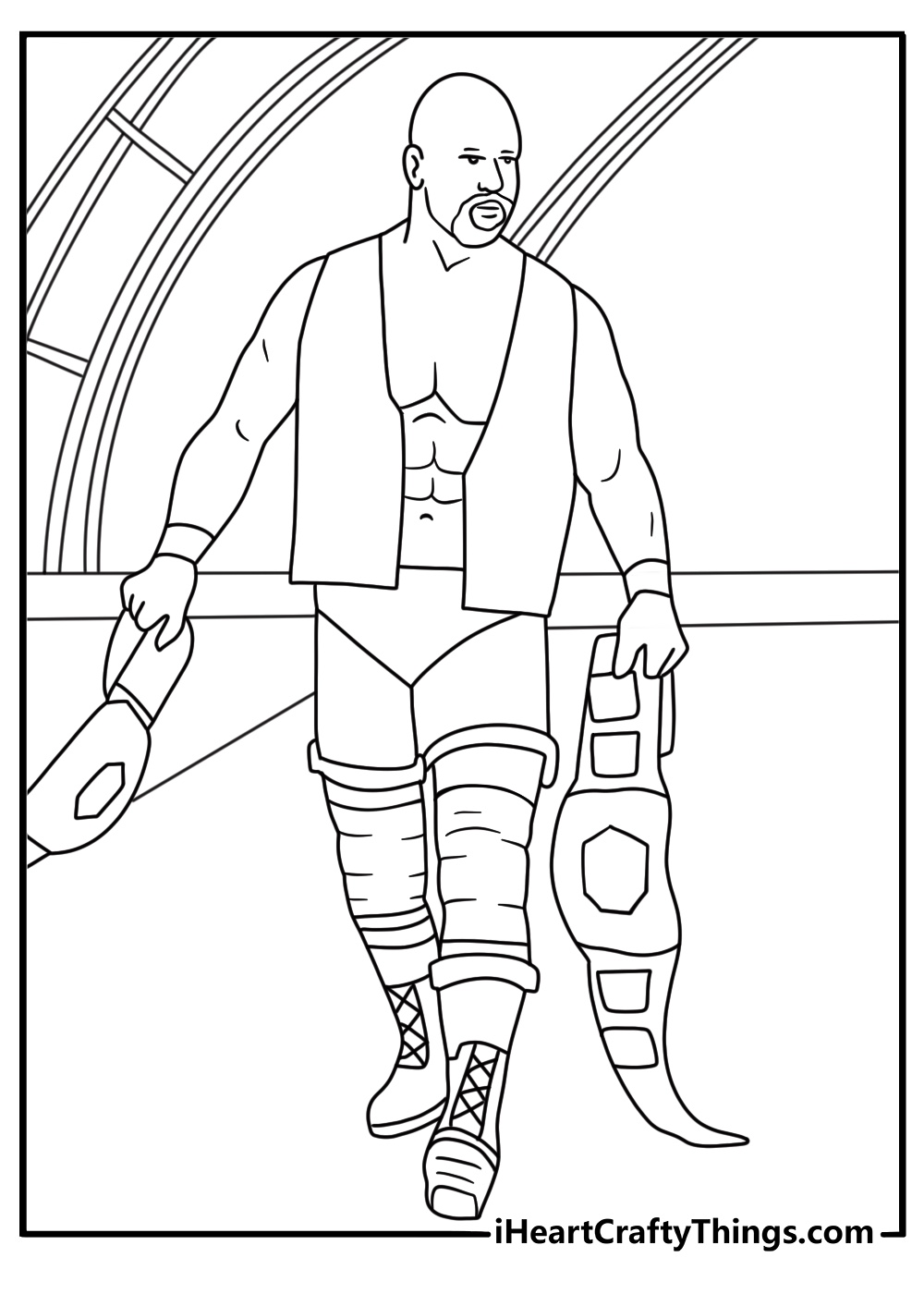 WWE coloring sheet with a wrestler walking down the ramp
