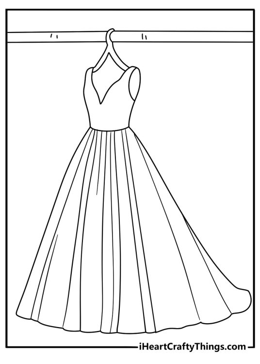 Wardrobe of ball gowns on hangers in the dressing room fashion themed coloring page