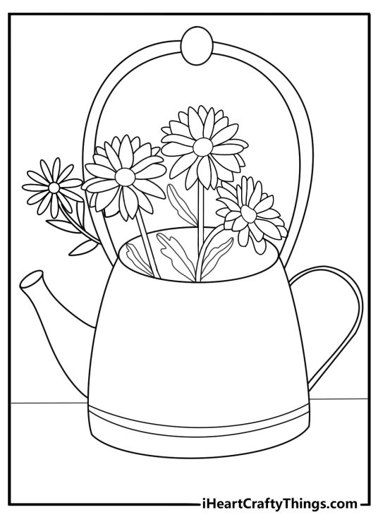 Watering can filled with daisies coloring page for kids