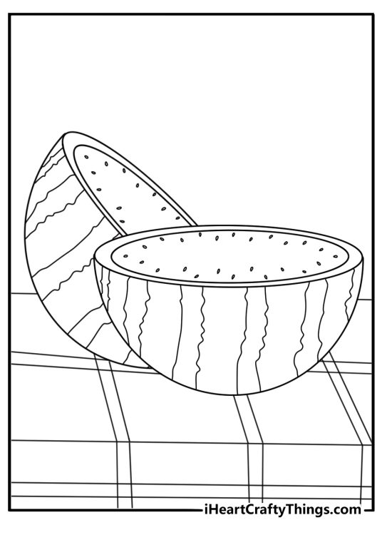 Watermelon coloring page with a whole fruit cut in half on a picnic blanket
