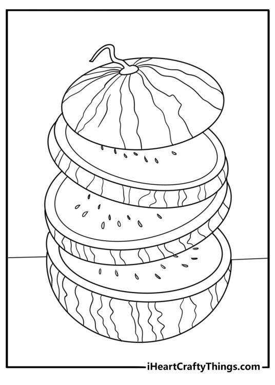 Watermelon coloring page with stacked slices at a summer cookout