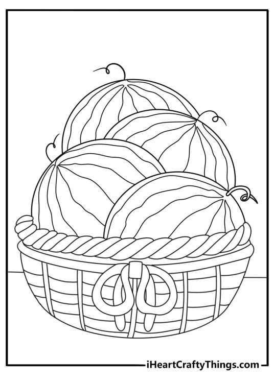 Watermelon coloring pages for kids with a fruit basket filled with round melons
