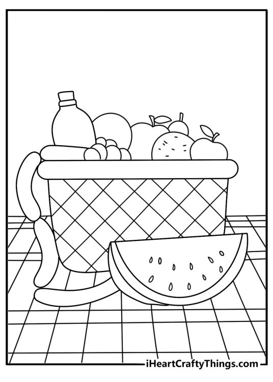 Watermelon coloring pages pdf with a picnic basket and sliced fruit for lunch