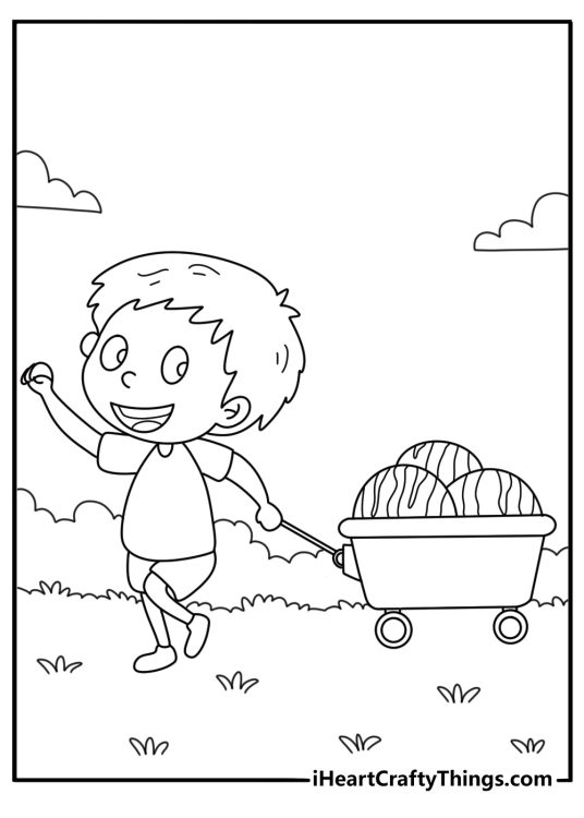 Watermelon coloring sheet with a child pulling a wagon full of melons