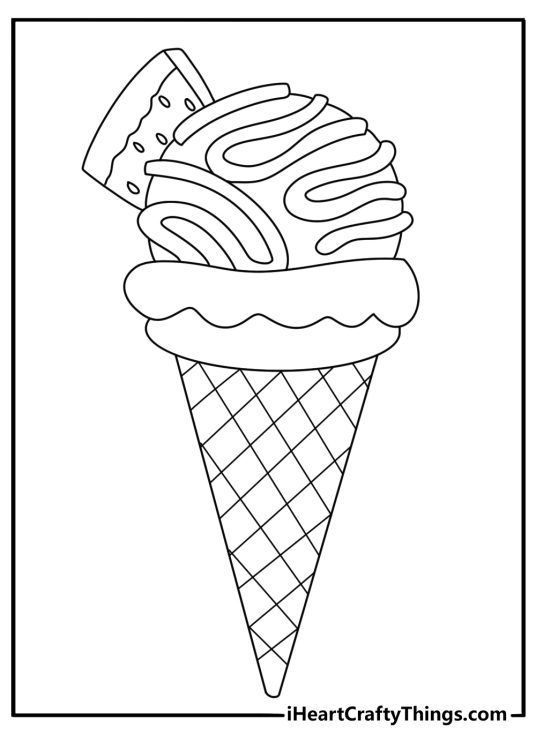 Watermelon ice cream coloring page with scoops in a waffle cone