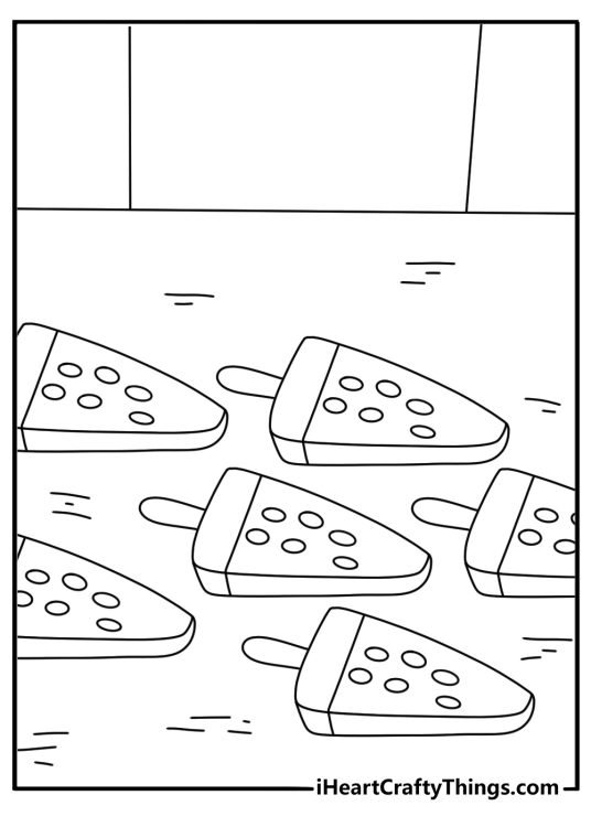 Watermelon popsicle coloring page with frozen treats in a cooler