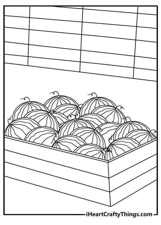 Watermelon printable coloring pages with a market stand full of striped melons