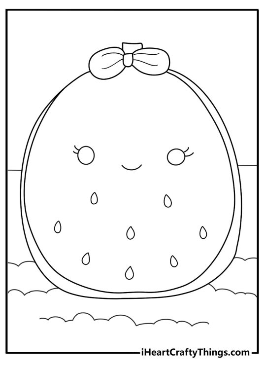 Watermelon squishmallow coloring page with a soft plush fruit on a bed
