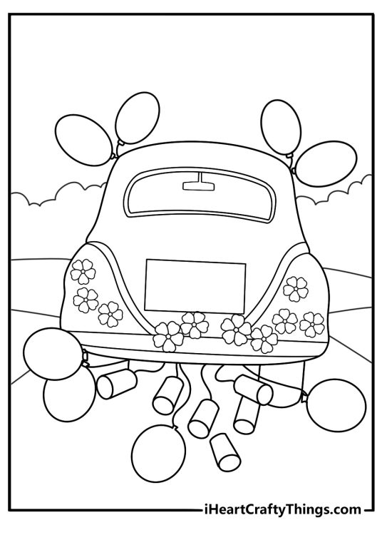 Wedding balloon car getaway with cans coloring page printable