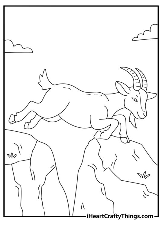 Wild mountain goat stepping across rocks detailed coloring sheet