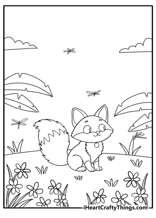 Wildflower meadow with red fox and dragonfly cute coloring page printable