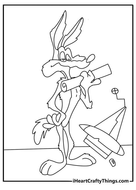 Wile E Coyote holding blueprint near broken machine funny coloring sheet