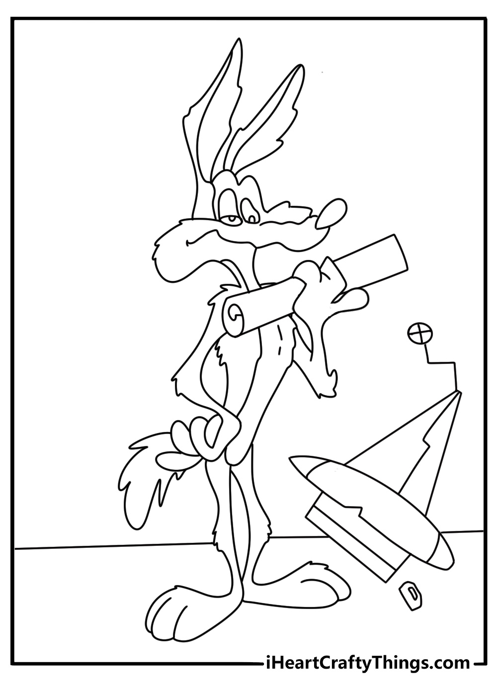 Wile E Coyote holding blueprint near broken machine funny coloring sheet