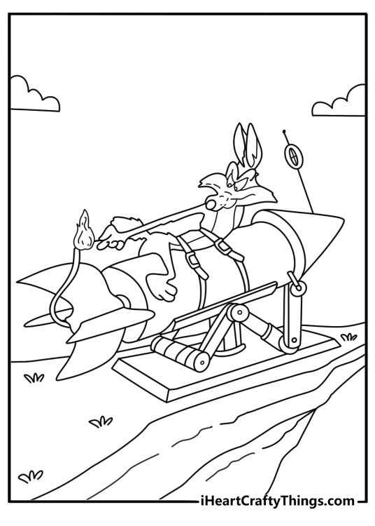 Wile E Coyote setting up rocket skates near cliff funny coloring sheet for kids