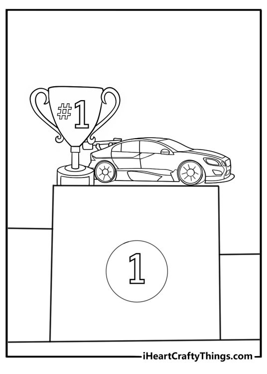 Winners podium with trophy and a tiny race car besideprintable race car coloring page