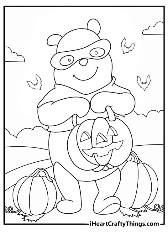 Winnie the Pooh Halloween coloring page with Pooh in pumpkin patch at night