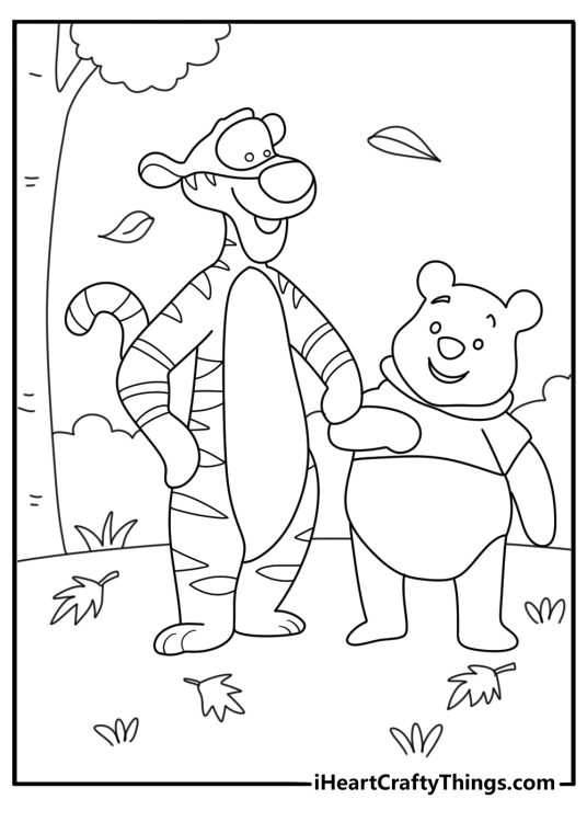 Winnie the Pooh and Tigger bouncing along forest path fun coloring sheet for kids