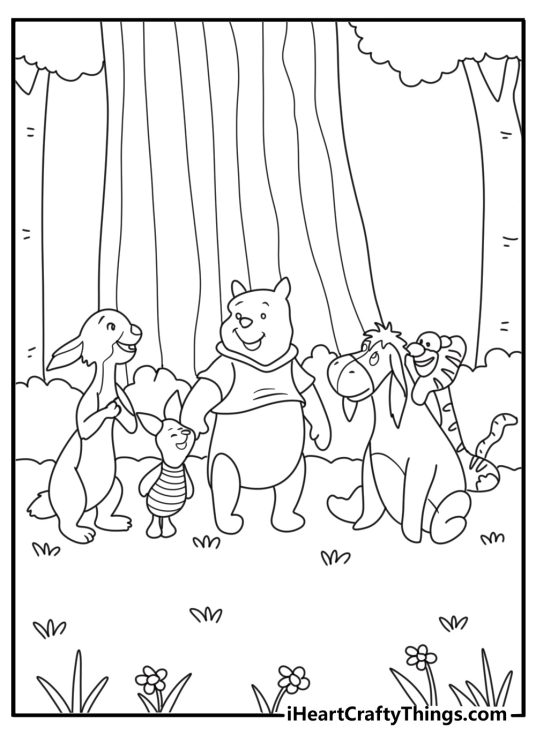 Winnie the Pooh and friends walking forest trail under tall oak trees coloring printable
