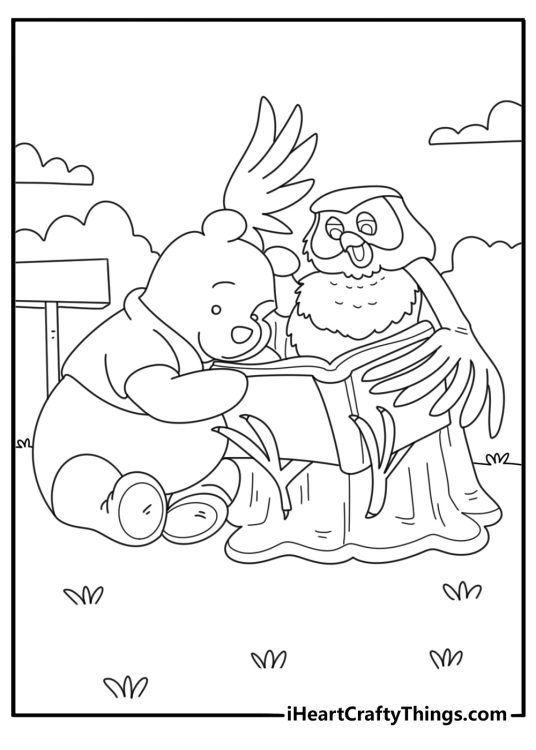 Winnie the Pooh coloring page with Owl teaching letters on wooden forest sign