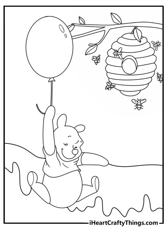 Winnie the Pooh floating under a cluster of buzzing bees detailed printable coloring page