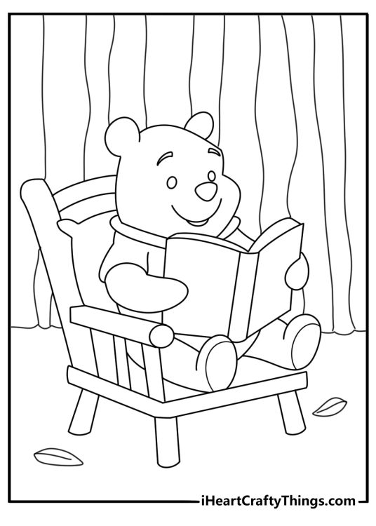 Winnie the Pooh reading a small book inside his cozy tree house coloring printable