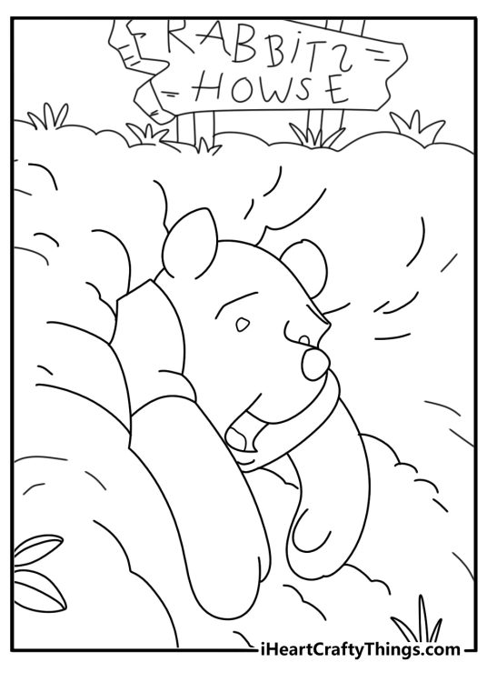 Winnie the Pooh stuck halfway in rabbit burrow entrance funny coloring page for kids