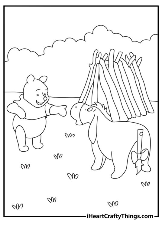Winnie the Pooh watching Eeyore rebuild stick house near quiet stream coloring page