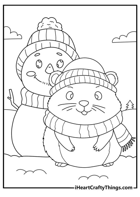 Winter hamster in scarf near small snowman easy coloring page