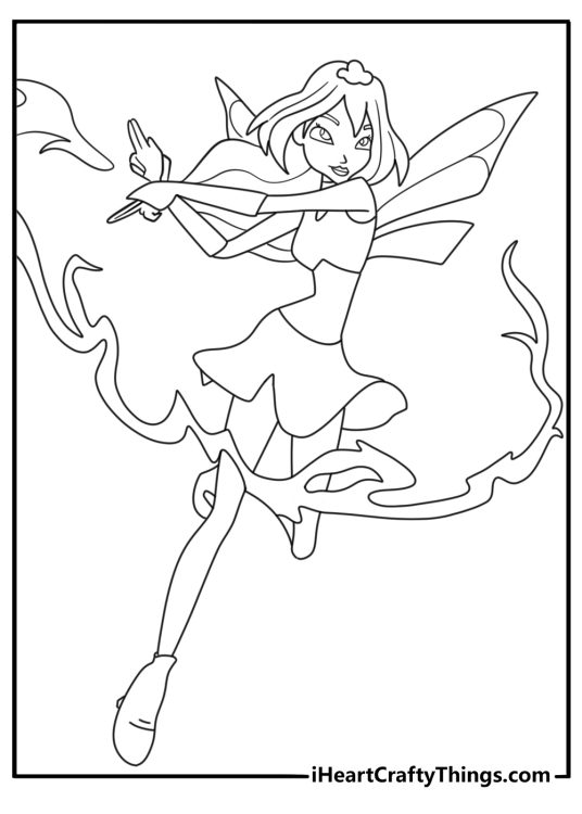 Winx coloring page with Bloom casting fire magic above her hands