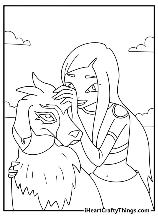 Winx coloring page with Roxy talking to a small wolf in a forest
