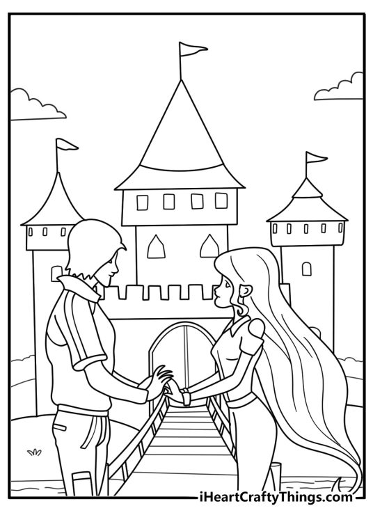 Winx coloring picture for kids with Bloom and Sky near a castle bridge