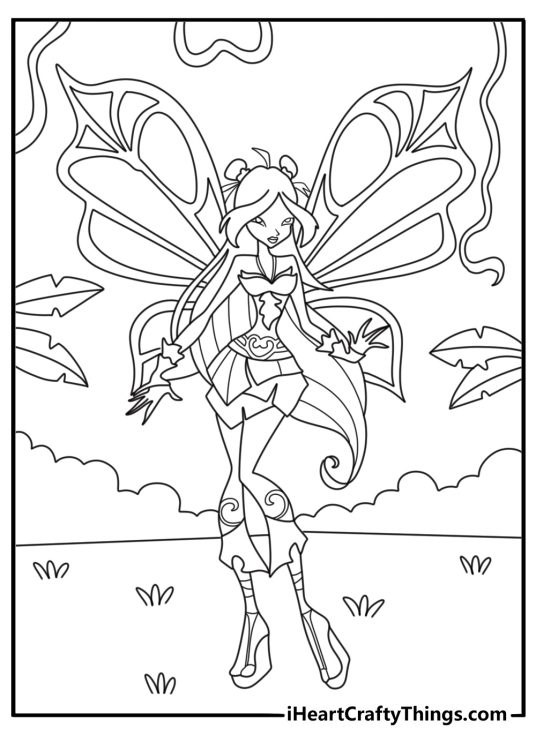 Winx coloring sheet with Flora growing vines and petals in a garden