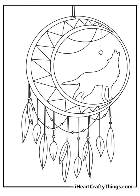 Wolf silhouette framed by dream catcher circle fantasy coloring page pdf