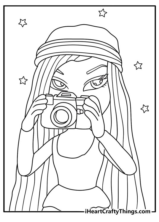 Yasmin checks a camera before a photo shoot in this stylish coloring sheet