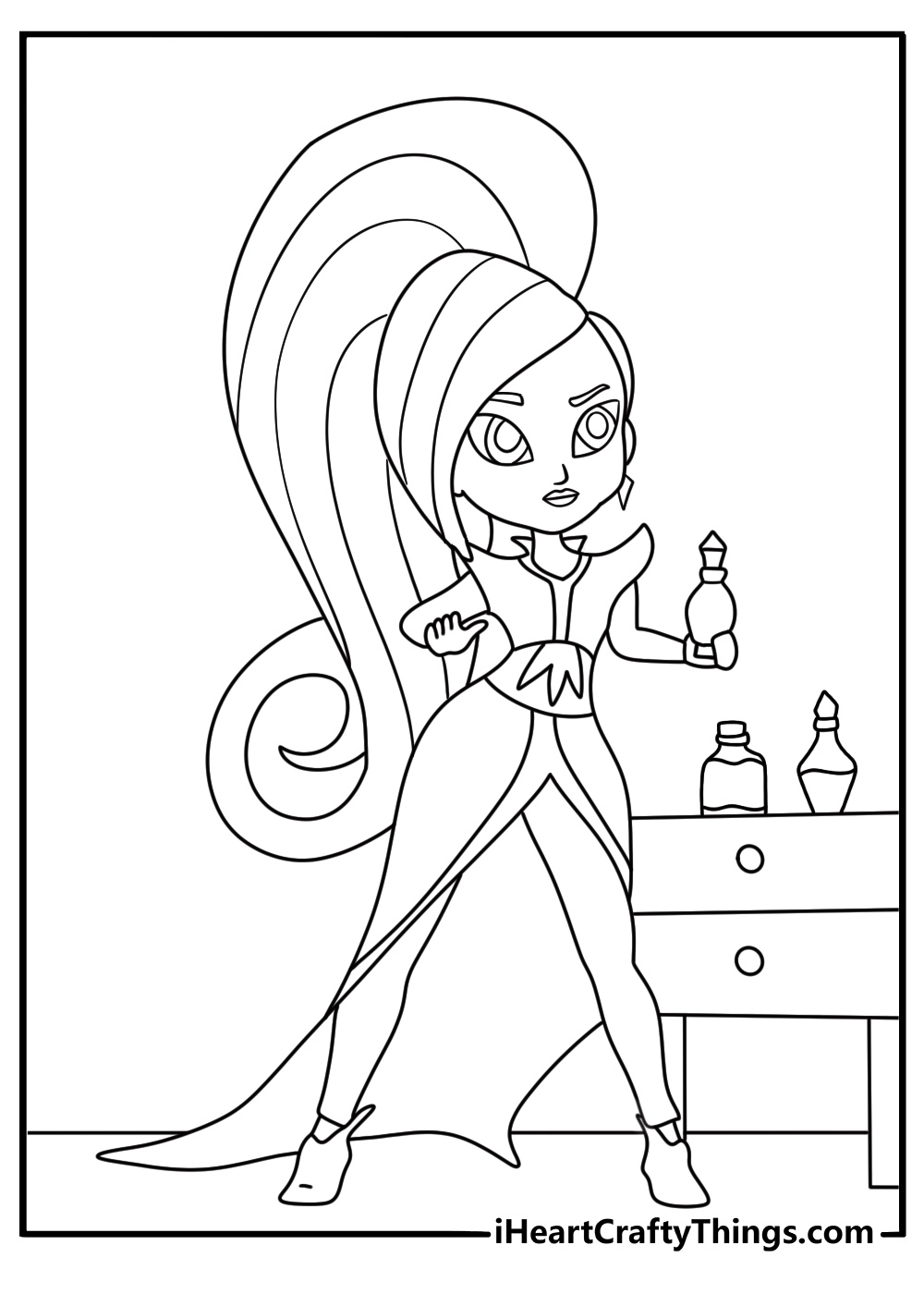 Zeta searches through a shelf of spell ingredients in this detailed coloring sheet