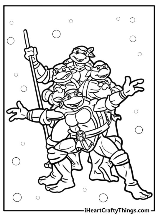 Detailed coloring image featuring all four Ninja Turtles posing together with bubbles in the background