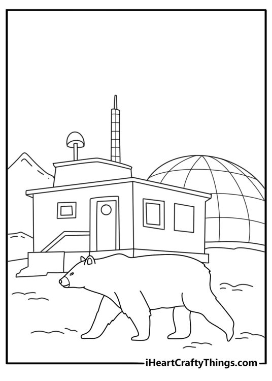 arctic research station appears behind a wandering polar bear