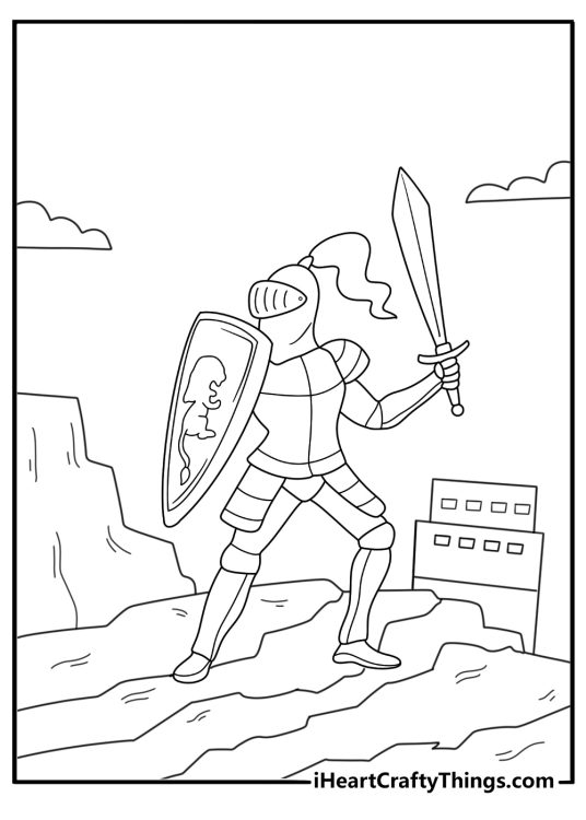 armored knight with shield and sword coloring page standing before mountain fortress simple printable