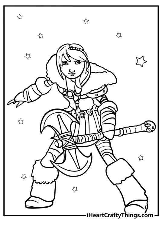 Astrid with her axe in a pose ready for battle with stars in the background coloring page for kids