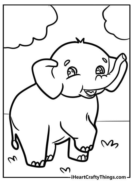 Coloring page for kids featuring elephant on a walk outdoors with clouds above its head