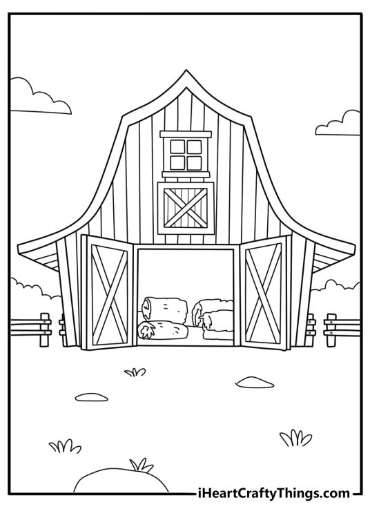 barn with open doors showing hay bales inside coloring page for kids