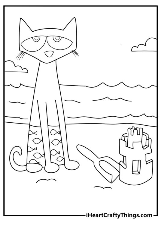 beach themed pete the cat coloring printable pete the cat building a sandcastle by the sea easy to color