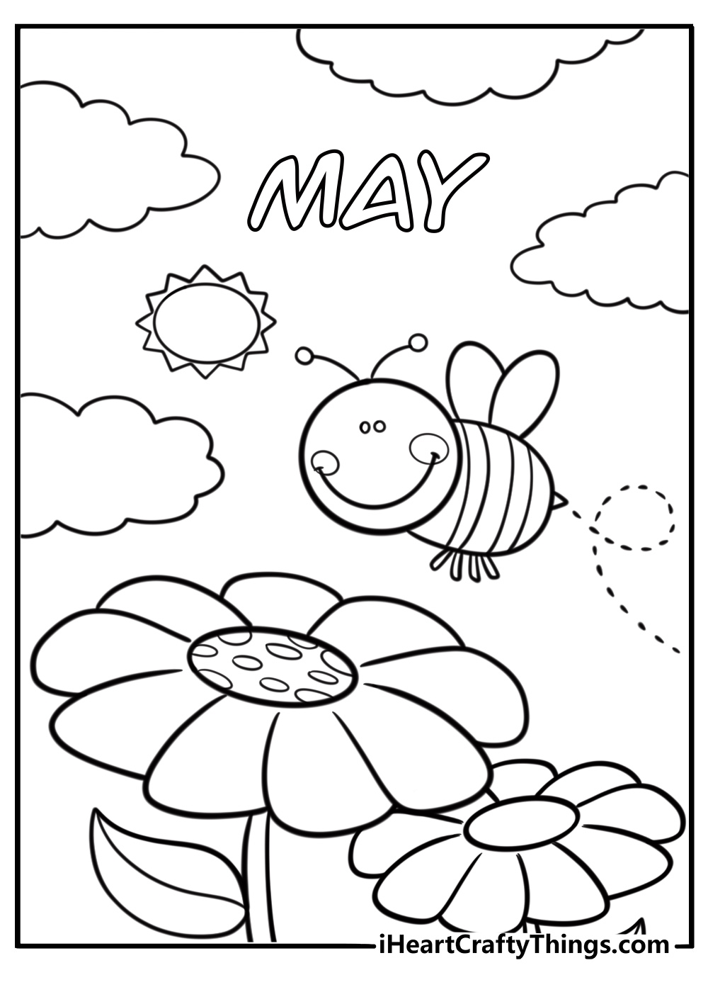 Bee flying near a flower in May coloring page