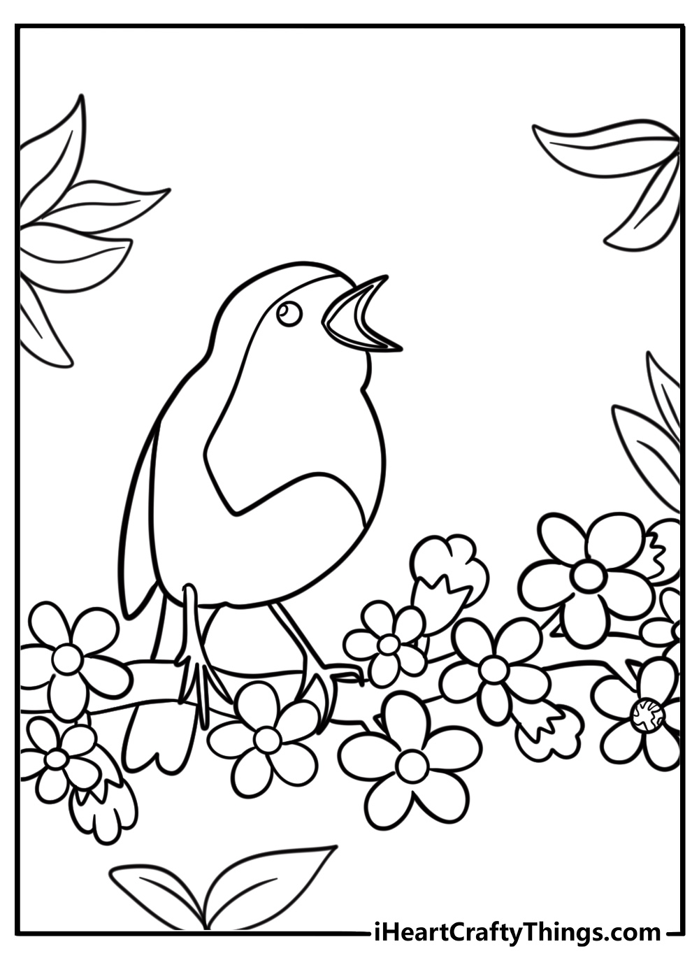 Bird sitting in a blooming tree May coloring page